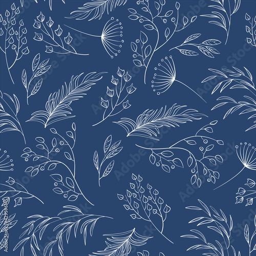 Vector seamless patterm with white leaves, branches on blue background.