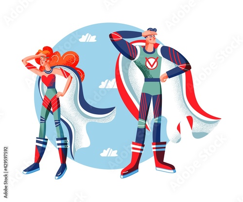 Female and male superheroes in costume loking forward. Two heroes with capes vector illustration. Cartoon comic woman and man with powers posing on blue sky background. Brave girl and boy standing