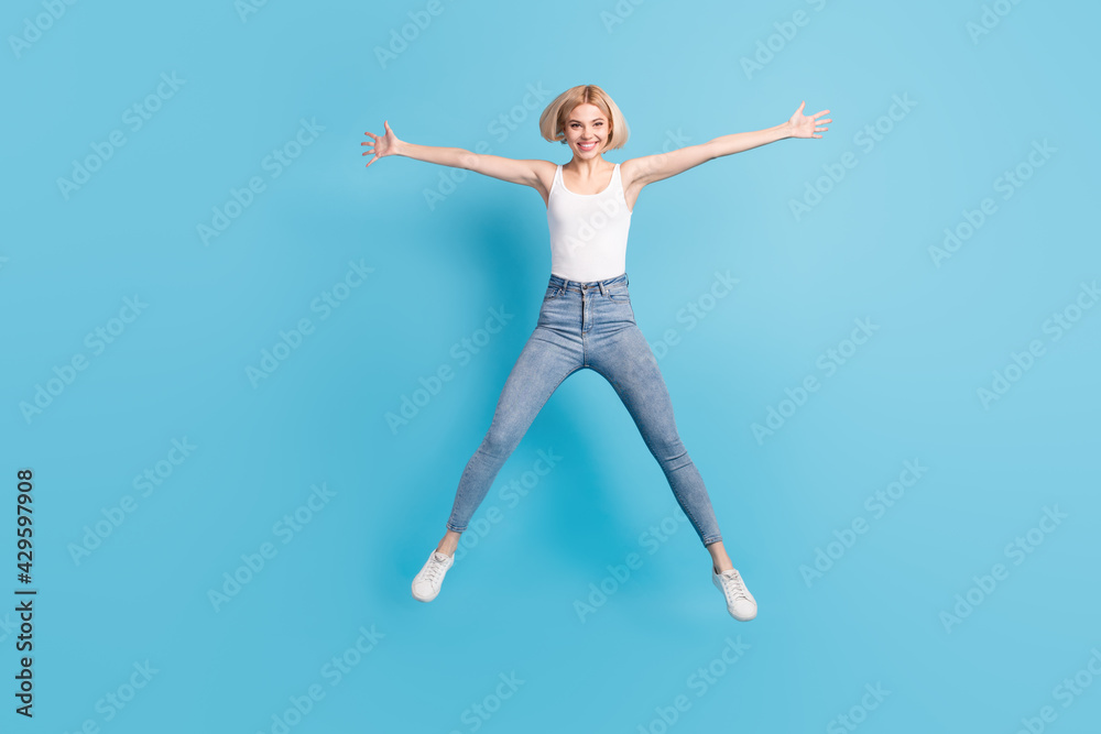 Full body portrait of pretty excited girl toothy smile make star figure isolated on blue color background