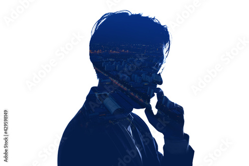 Double Exposure thinking businessman and skyscraper building city with white background. Concept for business and thinking idea.