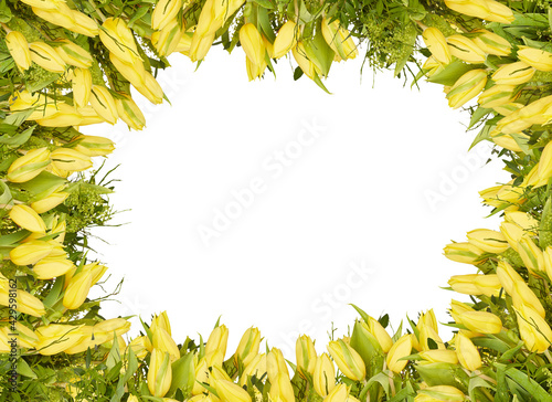 frame of yellow flowers beautiful border with bouquet isolated on white background with clipping path