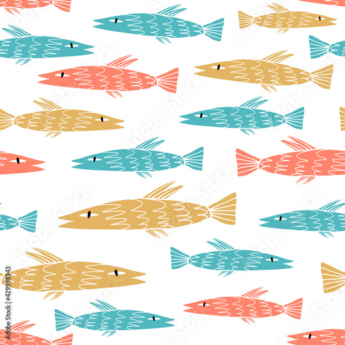 Fish seamless pattern. Sea inhabitant cartoon illustration for textile, wrapping paper and other print and design.