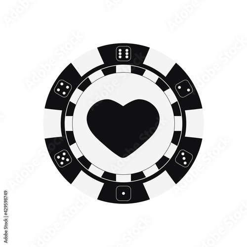 Poker game chip with hearts card suits. Black and white casino token icon isolated on white background. Vector simple flat design cartoon style clip art illustration. 