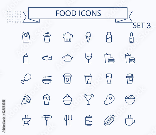 Food and drink line mini icons set. 24x24 px. Pixel Perfect. Editable stroke.