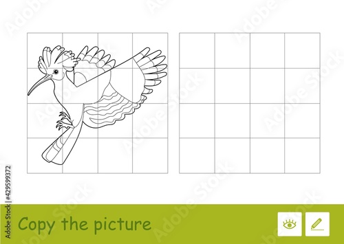 Copy the picture by squares and color it quiz learning children game with simple contour illustration of a hoopoe for the youngest children. Fun and learning of ornitology for kids