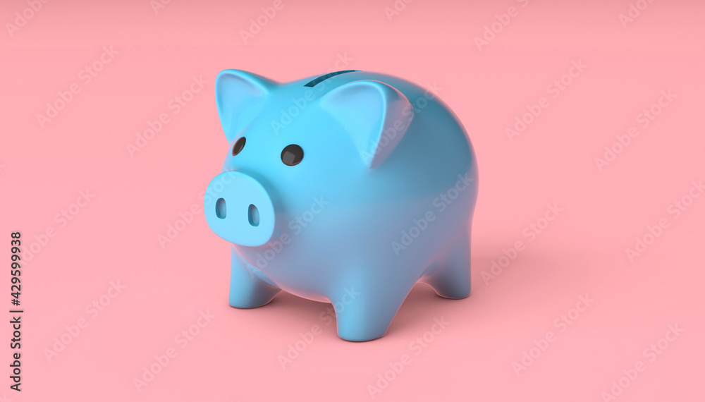 Blue piggy bank on a pink background. 3d render