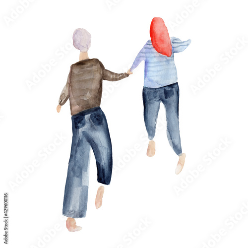 Silhouettes of people in motion painted watercolor on white background.