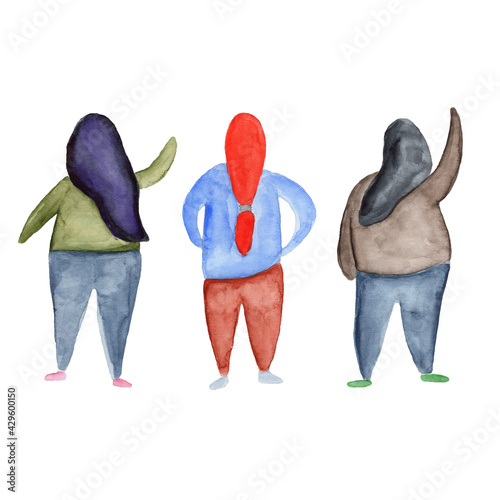 Silhouettes of people in motion painted watercolor on white background.