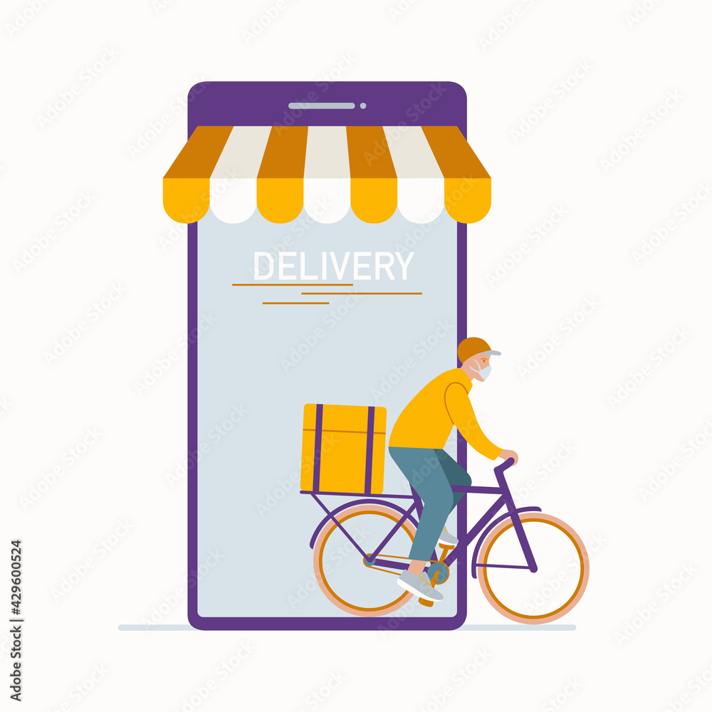 Online delivery service concept online order tracking delivery home and office. Bicycle delivery man in respiratory mask. Vector illustration Stock Adobe Stock