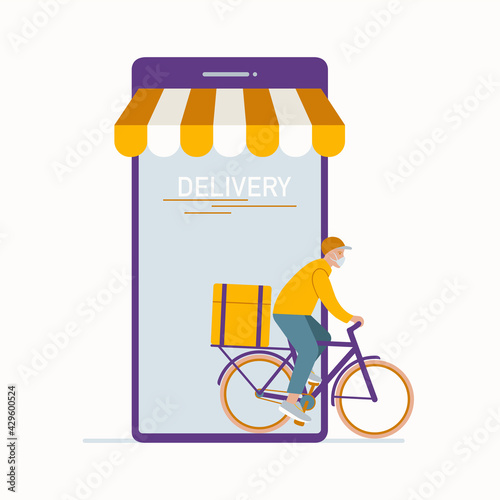 Online delivery service concept, online order tracking, delivery home and office. Bicycle delivery man in respiratory mask. Vector illustration