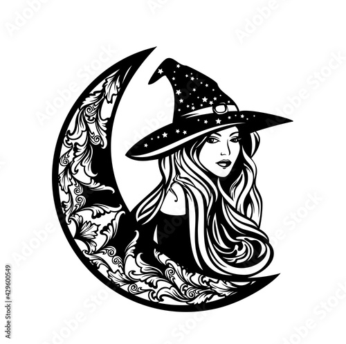 Photo beautiful witch with long hair wearing traditional hat and crescent moon - astro