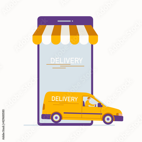 Online delivery service concept, online order tracking, delivery home and office. Truck delivery man in respiratory mask. Vector illustration