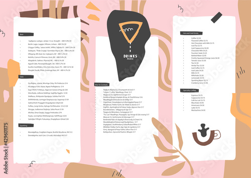 Drinks menu. Logo idea. Pre-made abstract composition. Flat style with lines and spots. Vector template for menu,  list, banner, booklet, flyer. Black and pink