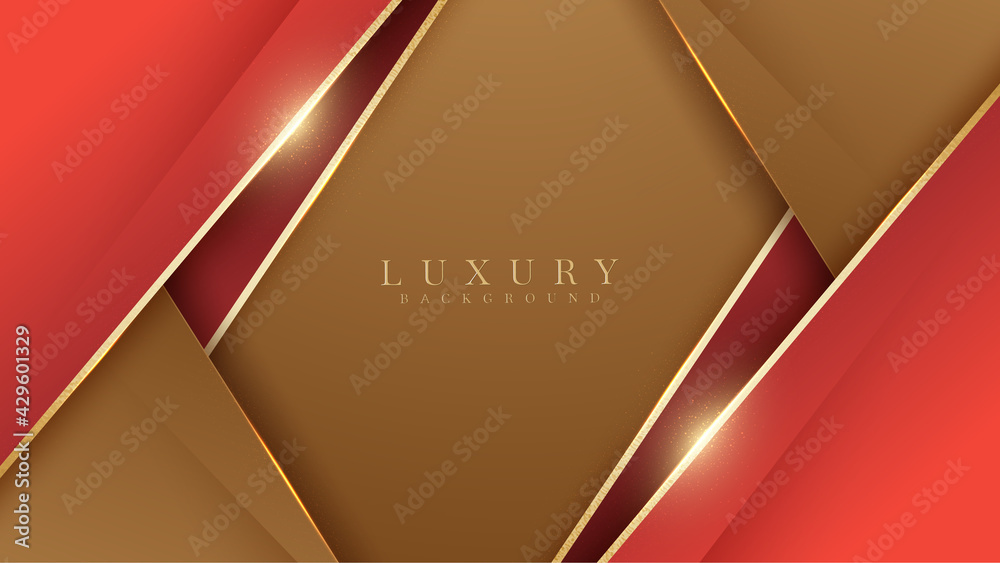 Fototapeta premium Elegant red shade on brown background with line golden elements. Realistic luxury paper cut style 3d modern concept. vector illustration for design.