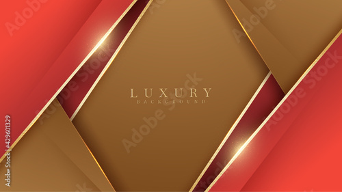 Elegant red shade on brown background with line golden elements. Realistic luxury paper cut style 3d modern concept. vector illustration for design.