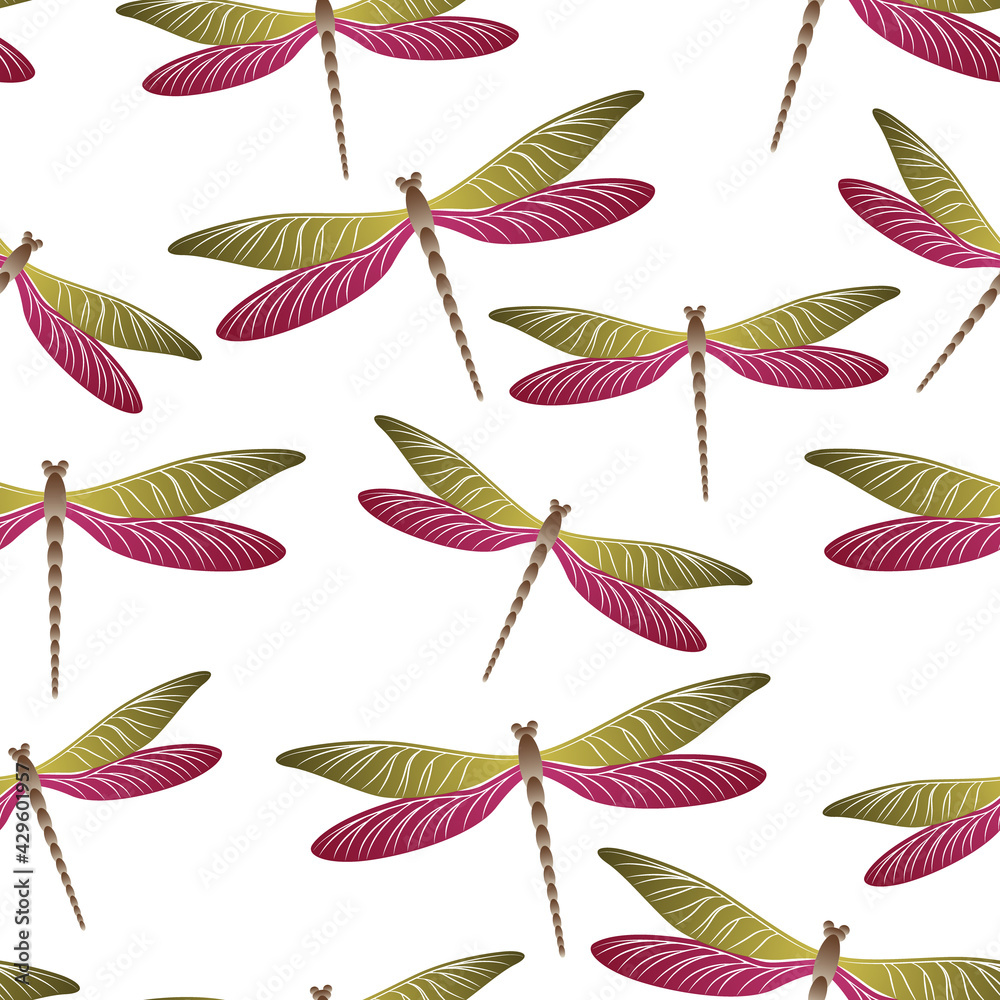 Dragonfly ornamental seamless pattern. Repeating dress textile print with damselfly insects. Close