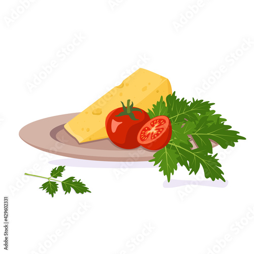 A plate with cheese, tomatoes and herbs. Healthy organic food. A source of vitamins and minerals