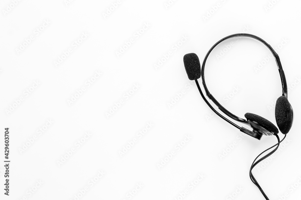 Helpline concept. Voip headset equipment for pc call center support Helpline concept. Voip headset equipment for pc call center support