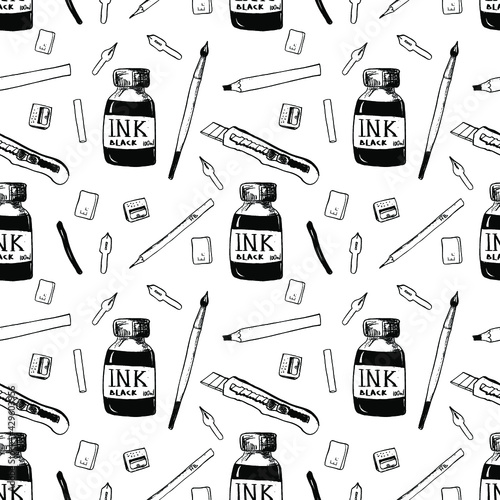 Vector back to school repeatable pattern with the art supplies for art, graphic, and inking. Black on a white background.