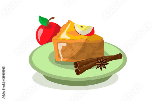 piece of apple pie on plate with apple, cinnamon, anise. American traditional pie on white background