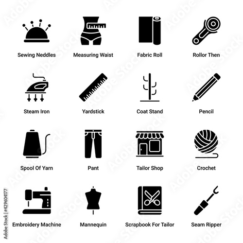 Sewing and Tailor Glyph Icons - Solid, Vectors