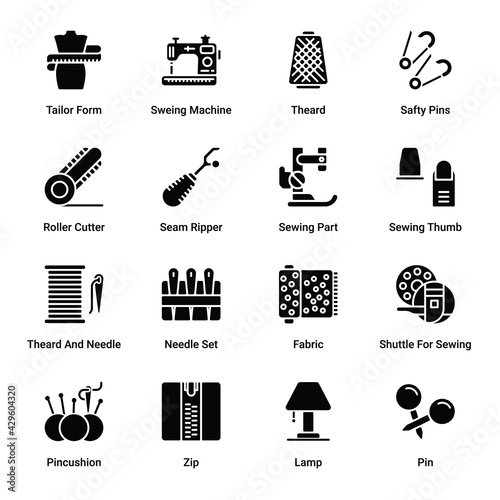 Sewing and Tailor Glyph Icons - Solid, Vectors