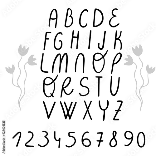Simple and cute vector hand drawn alphabet with numbers, minimalistic 
