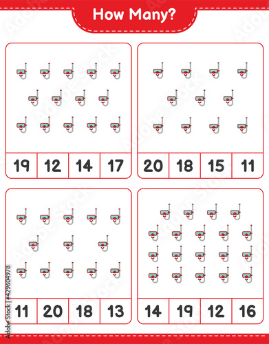 Counting game, how many Scuba Diving Mask. Educational children game, printable worksheet, vector illustration