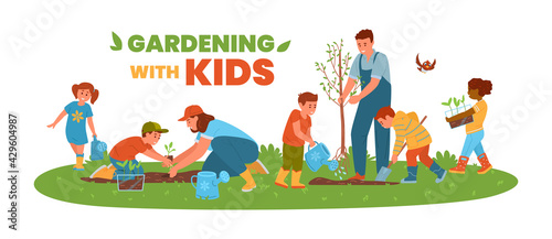 Gardening With Kids Horizontal Vector Banner. Children And Adults Planting Trees And Flowers. Boys And Girls Watering, Planting, Digging, Carrying Seedlings.