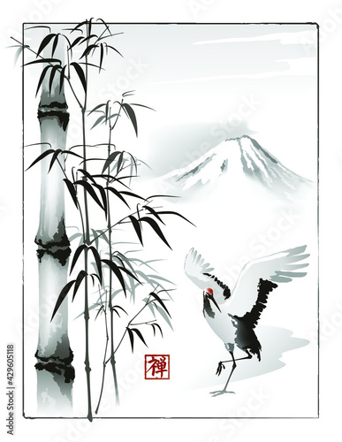 Japanese crane on the background of bamboo stems and mountains. The text in seal is the hieroglyph "Zen". Vector illustration in traditional oriental style.
