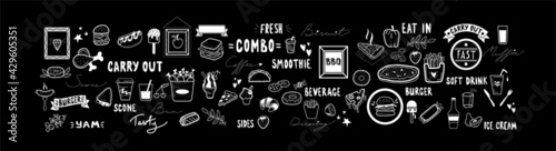 big vector set of restaurant and fast food bar items like chalk on black board, yammy words and decors for your design chalkboard, frame and white elements of cooking.