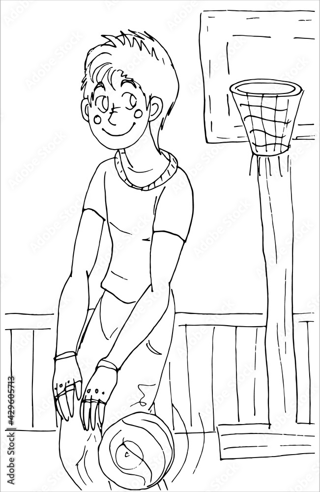 Cartoon boy playing basketball. Coloring page. Vector stock