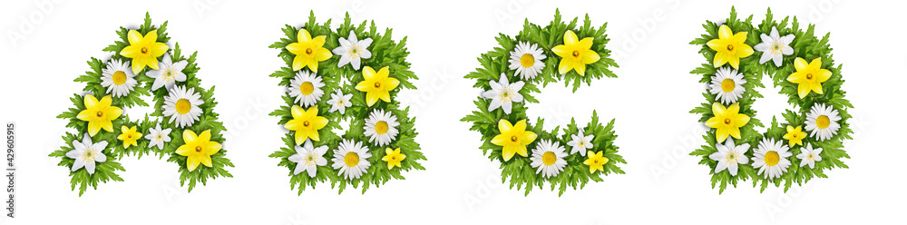 The letters A, B, C, D are made of beautiful flowers The letters A, B, C, D are made of beautiful flowers