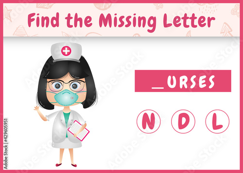 educational spelling game for kids find missing letter with a cute nurses girl