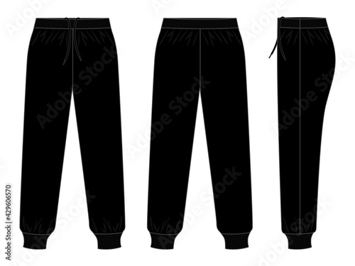 Blank Black Tracksuit Pants Template on White Background. Front, Back, and Side Views, Vector File.