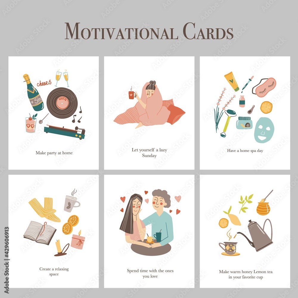 Hand drawn motivational cards. Every day to do cards. Inspirational quotes and illustrations