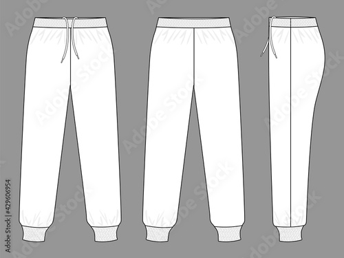 White Tracksuit Pants Template on Gray Background. Front, Back, and Side Views, Vector File. photo
