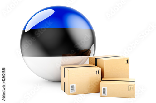 Parcels with Estonian flag. Shipping and delivery in Estonia, concept. 3D rendering