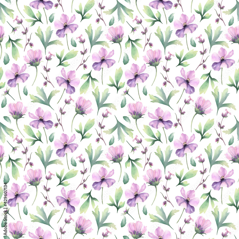  Watercolor seamless pattern with wildflowers. The pattern is ideal for printing on fabric or paper.