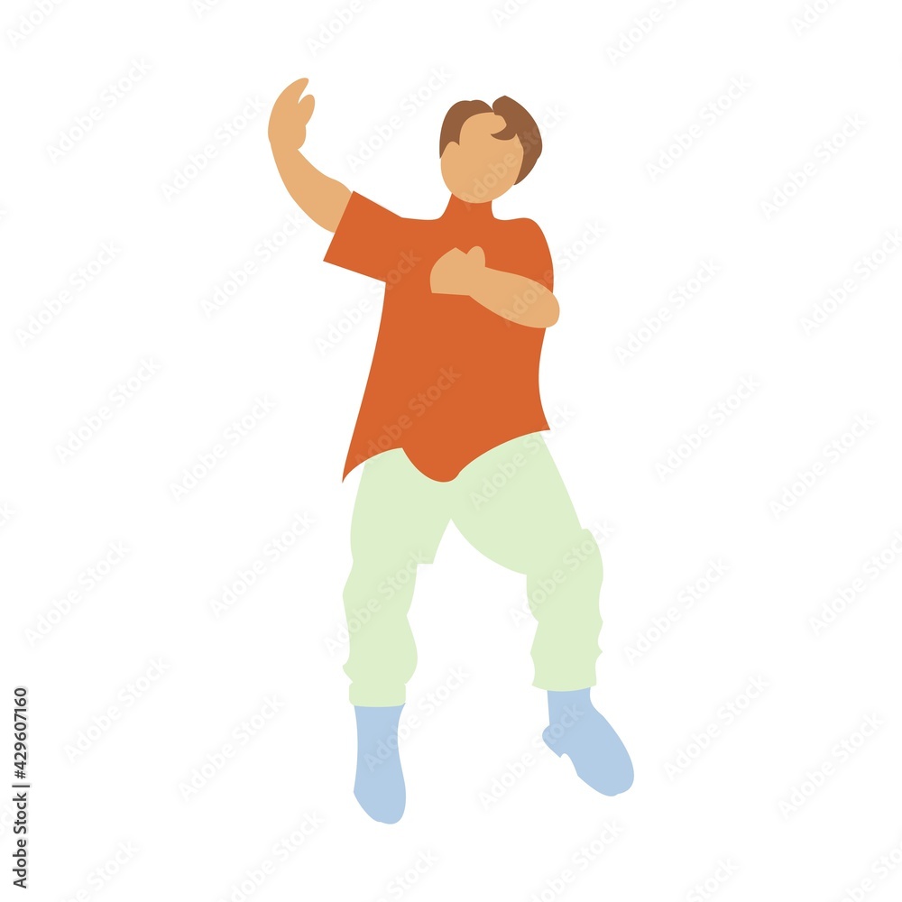 Young brown hair man dances Flat isolated illustration on white background