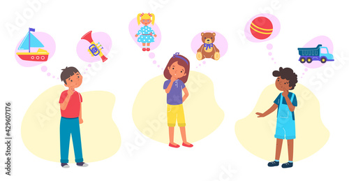 Little cute children character girl and boy dreaming new plaything, dreamy cheerful child flat vector illustration, isolated on white.