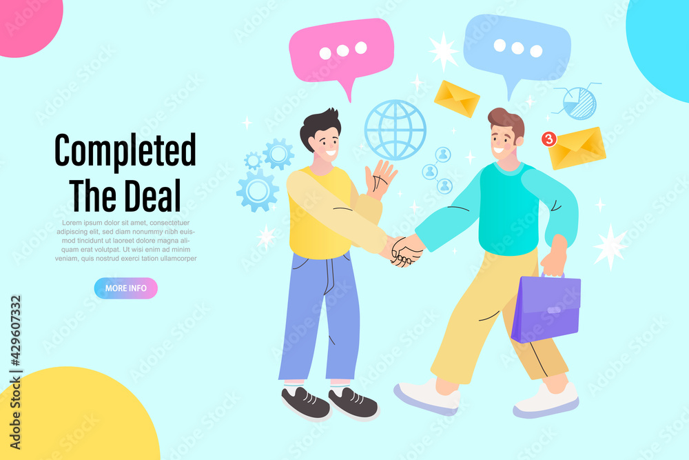 Two men stand online and shake hands for business. Concept of two male characters in smartphone making deal. Two men stand online and shake hands for business. Concept of two male characters in smartphone making deal.
