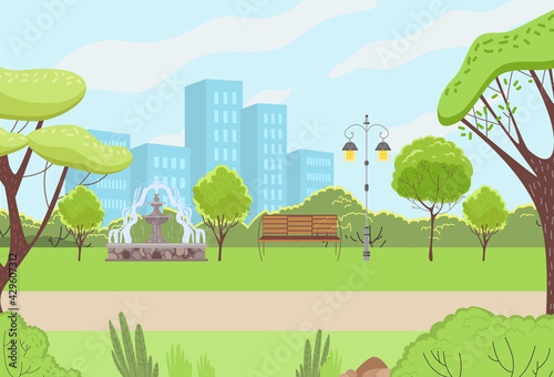 Urban cityscape park recreation, outdoor green garden relaxing place, peaceful rest city square flat vector illustration.