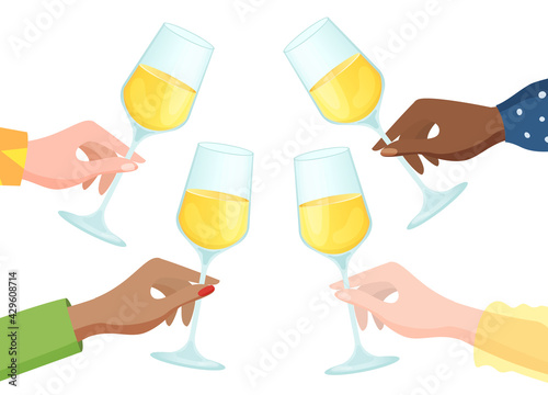 People group different nation hold hand glass champagne alcohol, celebrating time drink wine flat vector illustration, isolated on white.