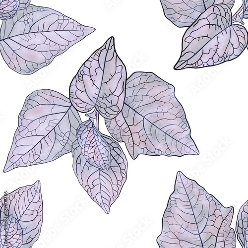 Physalis leaves hand drawn seamless pattern isolated on white background. Design template with purple leaves pattern for fabric design. Decorative print with leaf. Floral wallpaper illustration.