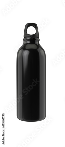 Black metallic water bottle, mockup on white background, 3d rendering image