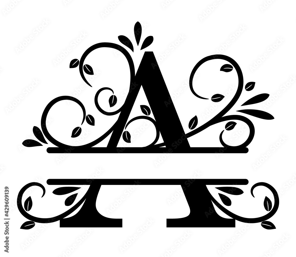 Split letter A monogram. Elegant letter A with curls and leaves. Split ...