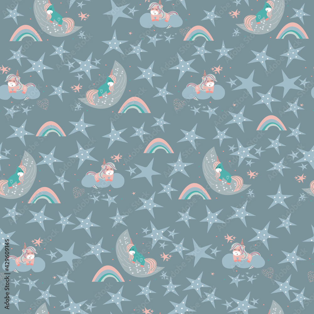 Sweet Dreams. Seamless pattern of cute sleeping unicorns around the moon and stars. Childrens vector illustration Sweet Dreams. Seamless pattern of cute sleeping unicorns around the moon and stars. Childrens vector illustration