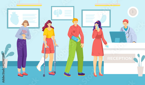 Medical human clinic reception queue desk, patient waiting room, person healthcare private hospital flat vector illustration.