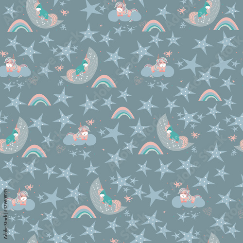 Sweet Dreams. Seamless pattern of cute sleeping unicorns around the moon and stars. Childrens vector illustration 